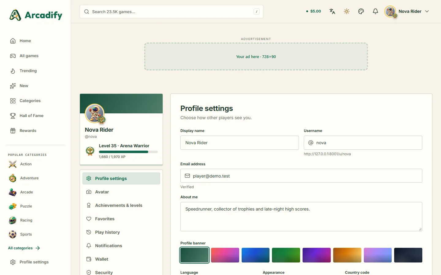 Player account settings