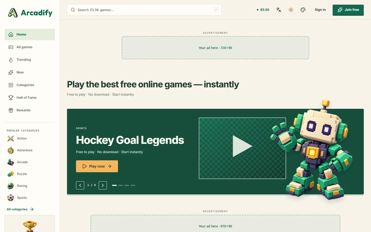 Arcadify home page with the Pixel Forge theme